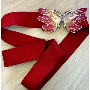VTG 80's Butterfly Buckle Belt Red Elastic Stretch Adjustable Fairy Boho Retro